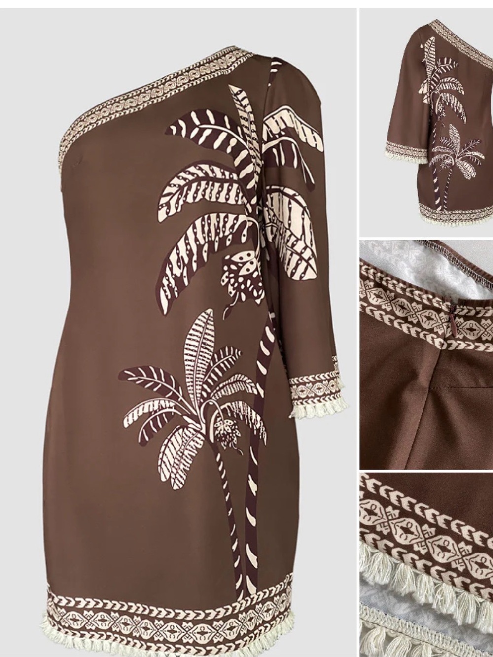 One-Shoulder Brown Palm-Print Tropical Dress